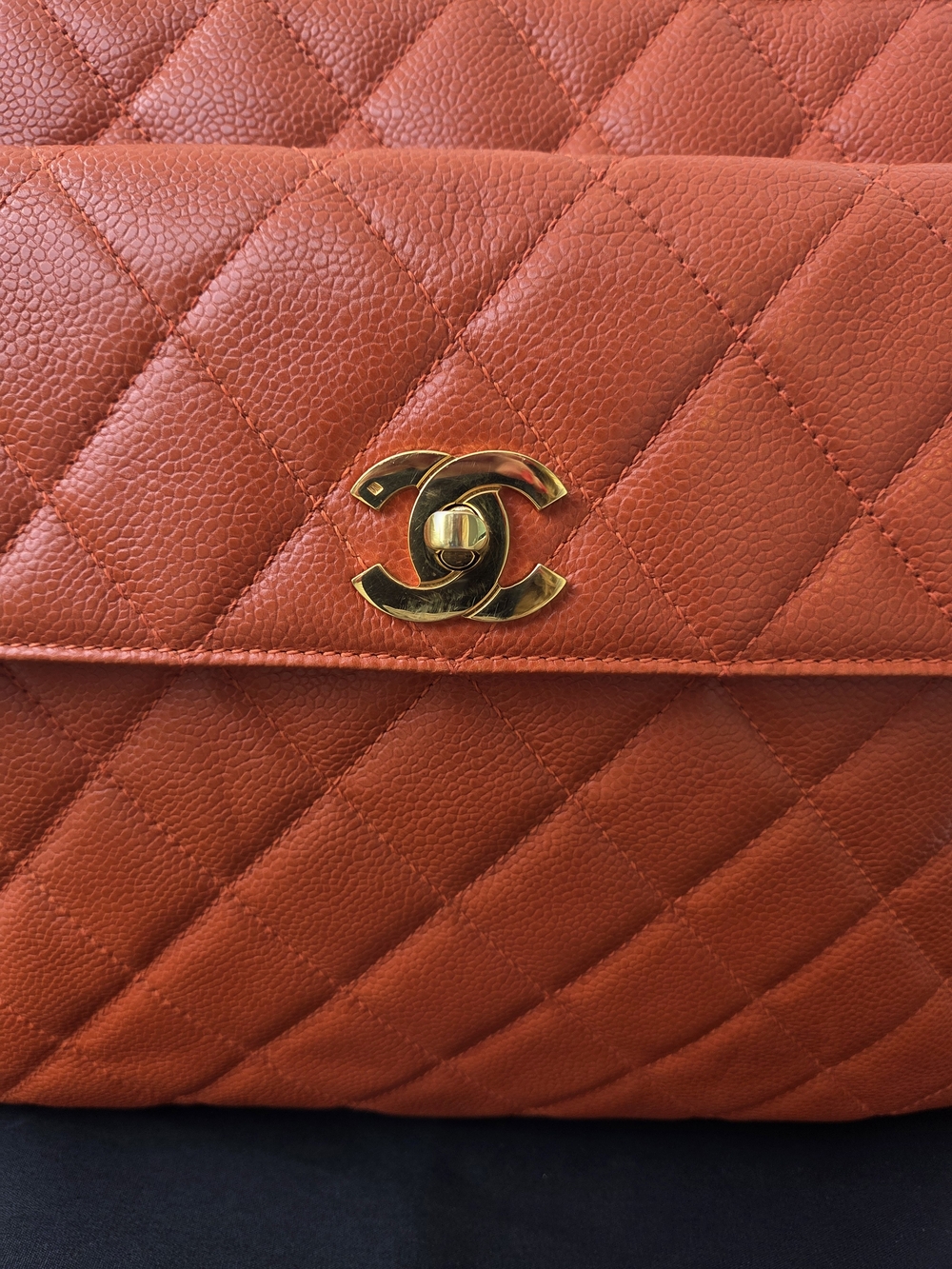CHANEL Matallase Caviar Front Flap CC Turnlock Top Zip Tote-Orange-24k Hardware